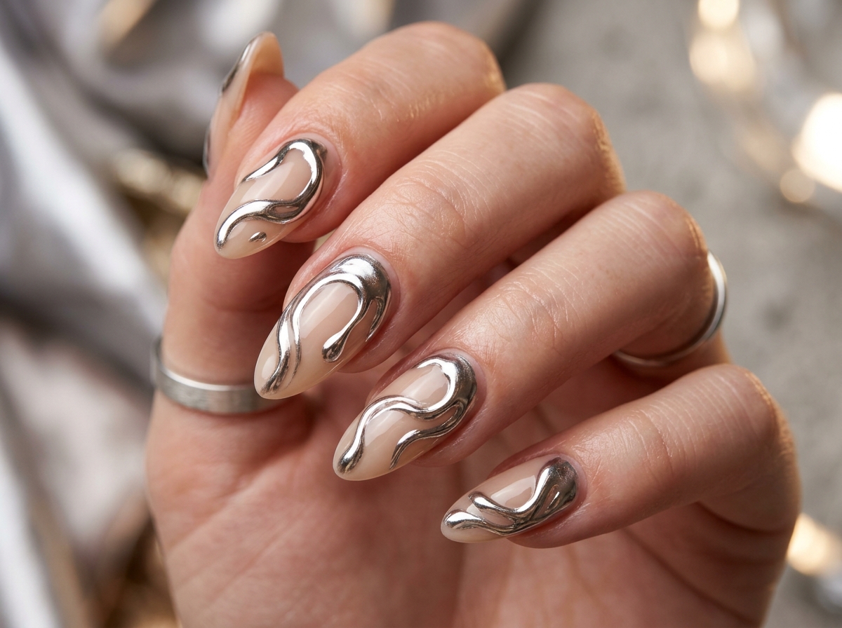 Molten Liquid Chrome Almond Nails
