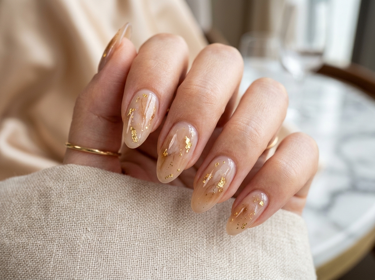 Japanese Nuance Gel Nails with Gold Leaf and Smoky Quartz