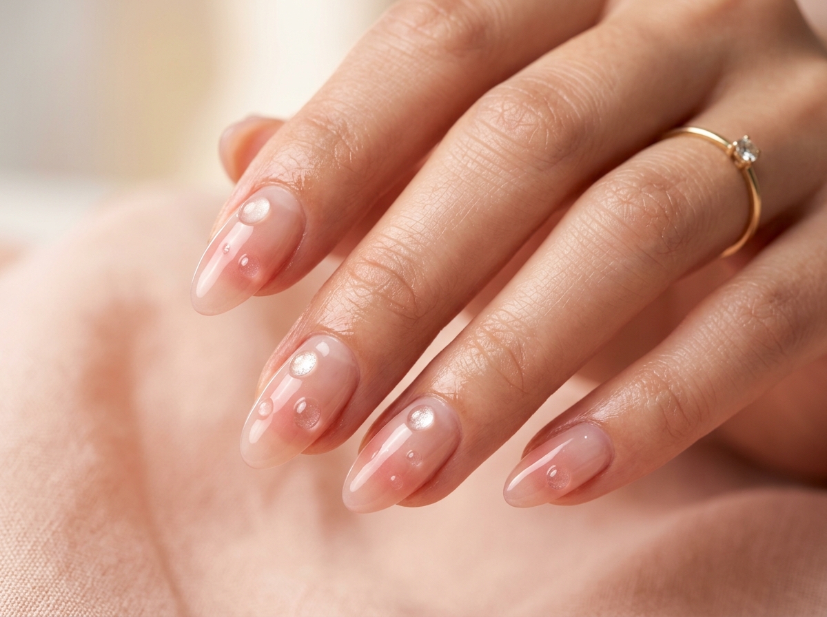 Translucent Korean jelly nails with blush pink syrup gradient